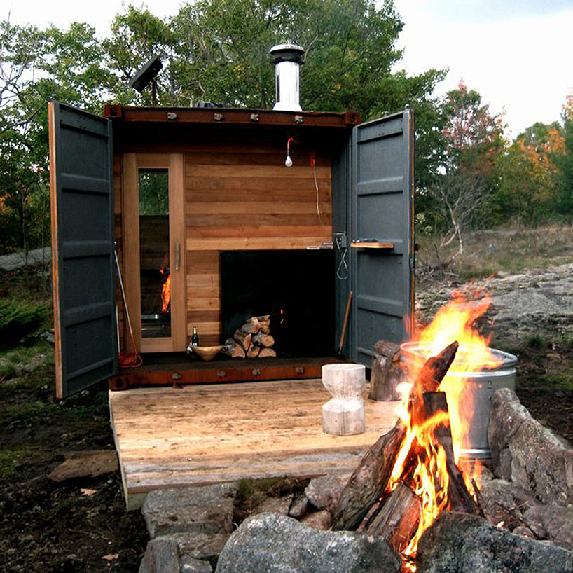 shipping container is transformed into a sauna by castor canadensis