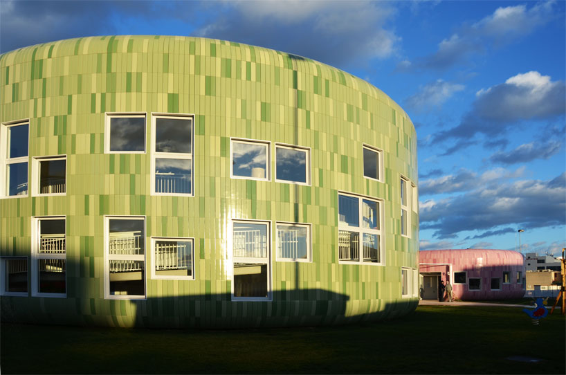 colorful cladding at the innovation center for children children's innovation centre in valencia clad in colorful tiles