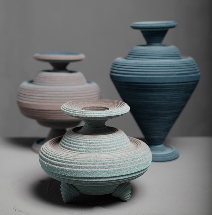 vessels made from felt coiled on a potter's wheel by siba sahabi