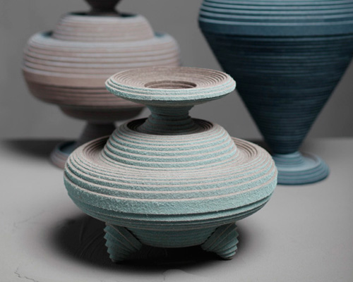 vessels made from felt coiled on a potter's wheel by siba sahabi