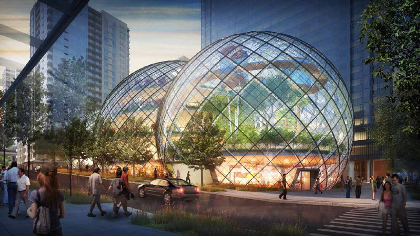 nbbj adds glass biospheres to amazon headquarters proposal