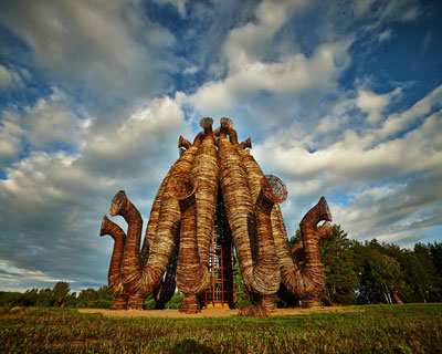towering tubular installation in rural russia by nikolay polissky
