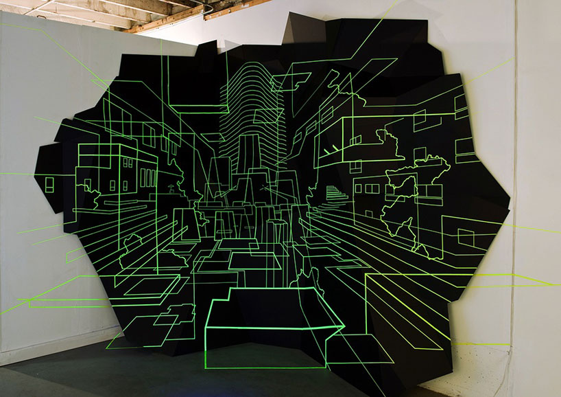 optical illusion art made from strips of tape by damien gilley