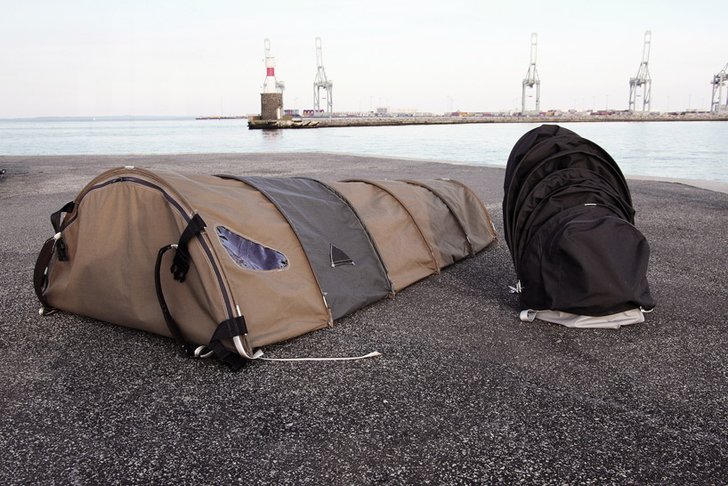 urban rough sleepers backpack turns into a homeless shelter