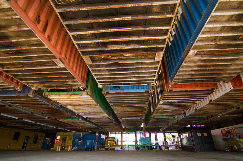 magic carpet of 36 shipping containers hang at pier 57