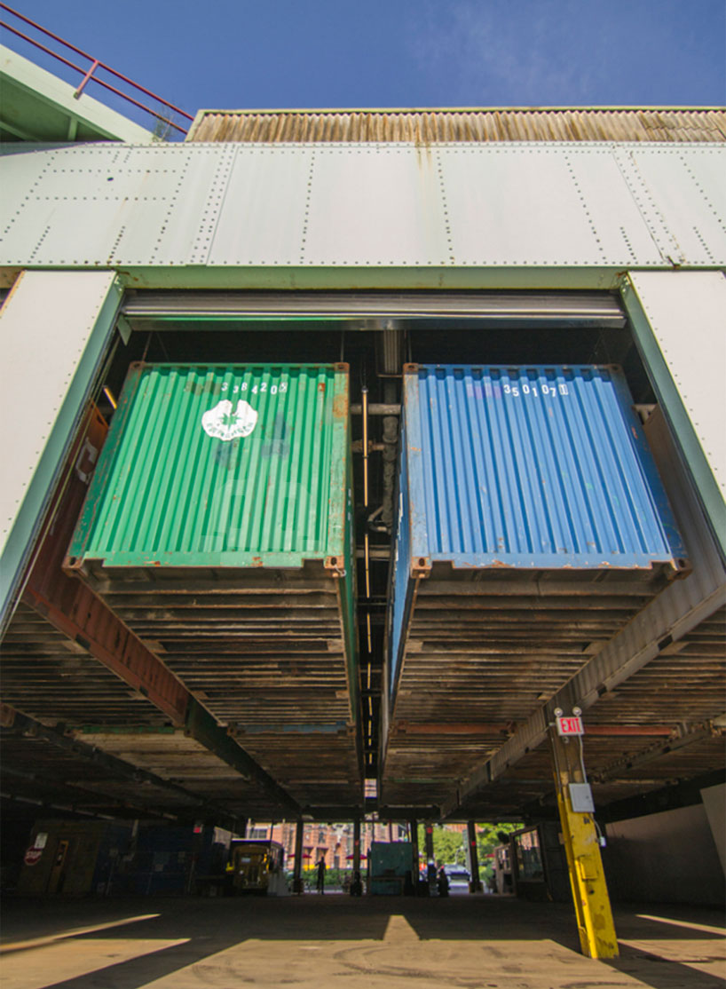 magic carpet of 36 shipping containers hang at pier 57