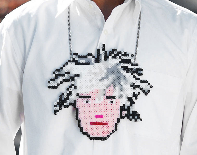 plastic perler beads as pop-art portrait necklaces