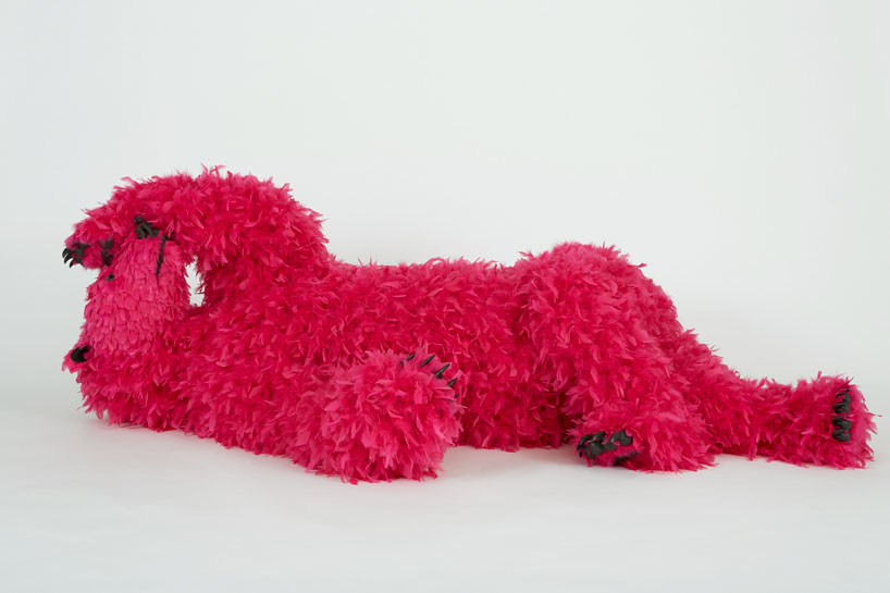 paola pivi's colorfully feathered bears inhabit galerie perrotin