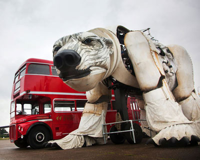 polar bear puppet walks to protect the arctic for greenpeace