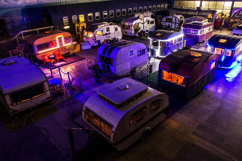 indoor campground hostel hosts vintage RVs as rooms