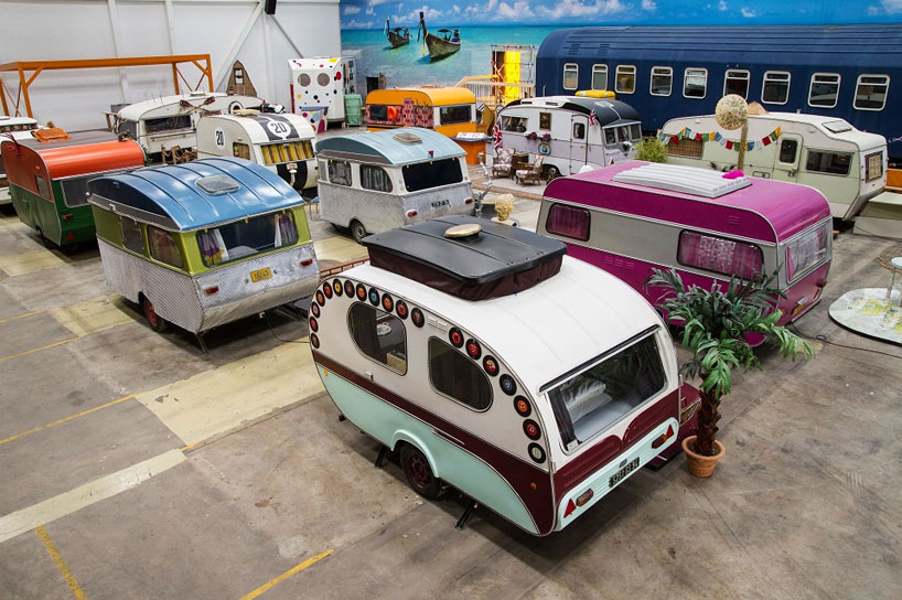 indoor campground hostel hosts vintage RVs as rooms