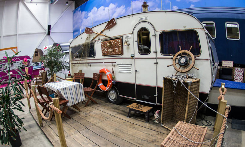 indoor campground hostel hosts vintage RVs as rooms