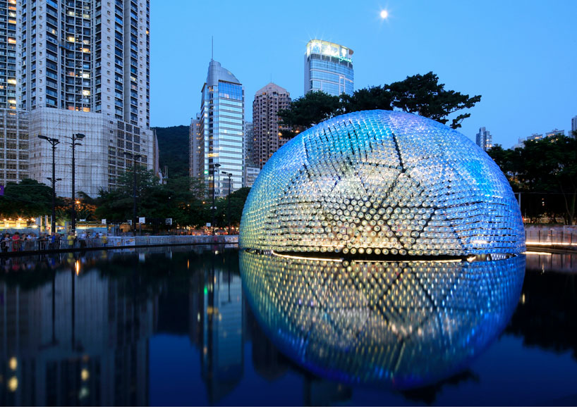 rising moon: lantern pavilion made from recycled water bottles