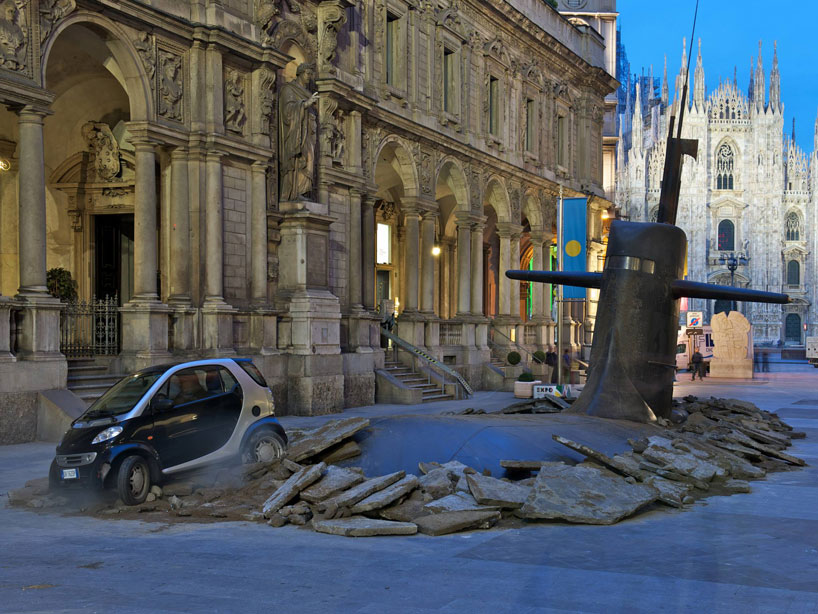 a massive submarine emerges in milan's city center
