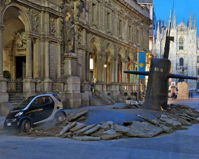 a massive submarine emerges in milan's city center
