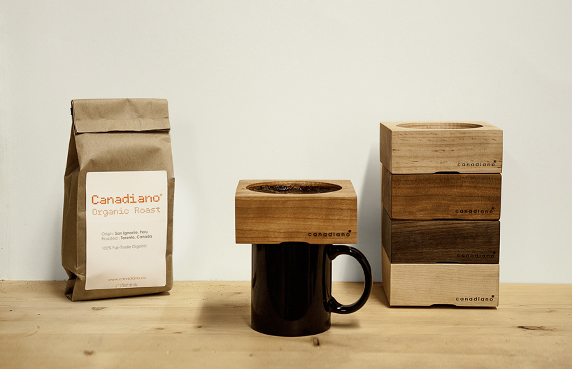 Wooden coffee brewer with mug and bag