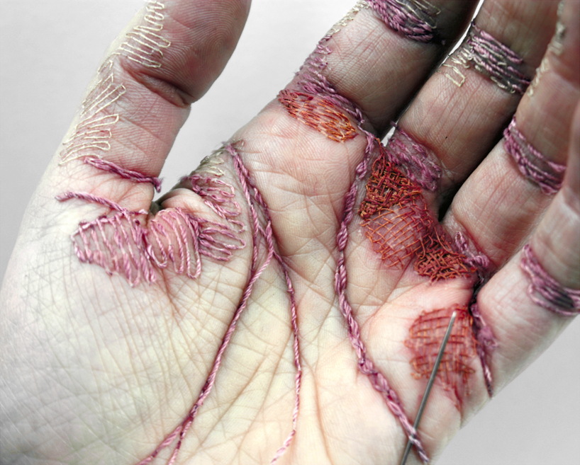 eliza bennett embroiders a self-inflicted sculpture into her flesh