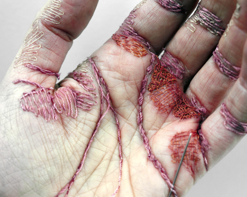 eliza bennett embroiders a self-inflicted sculpture into her flesh 