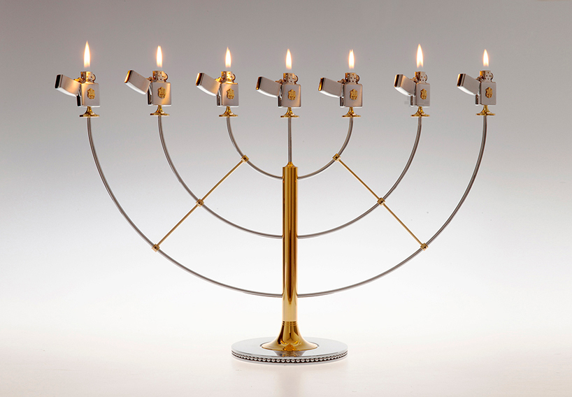zippo gasolier illuminates a menorah for hanukkah