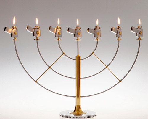 zippo gasolier illuminates a menorah for hanukkah