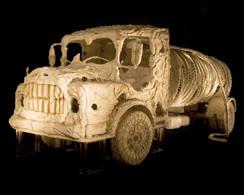jitish kallat sculpts bone vehicles like prehistoric skeletons