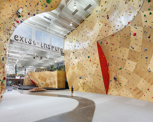 brooklyn boulders coworking space features towering rock climbing wall