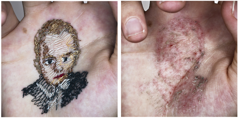 david cata sews portraits of his family into the palm of his hand