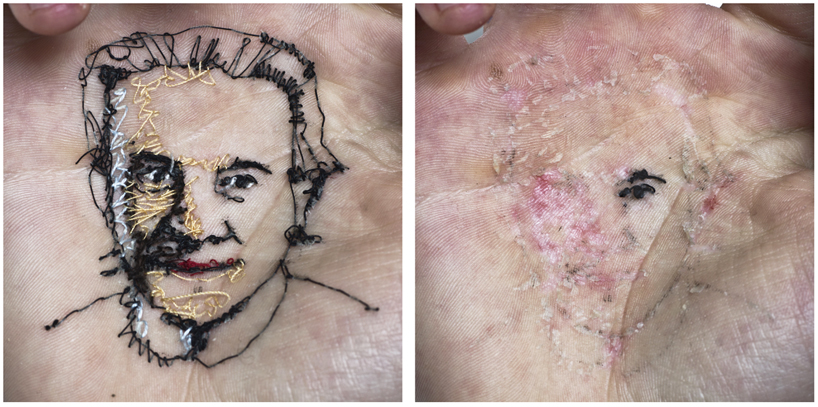 david cata sews portraits of his family into the palm of his hand