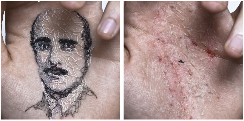david cata sews portraits of his family into the palm of his hand