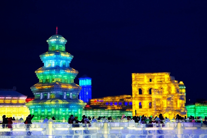 illuminated glacier city at the 2014 harbin ice and snow festival