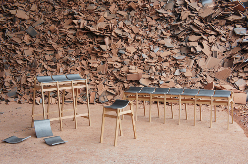 bar stools and benches by tsuyoshi hayashi are built with discarded roof tiles