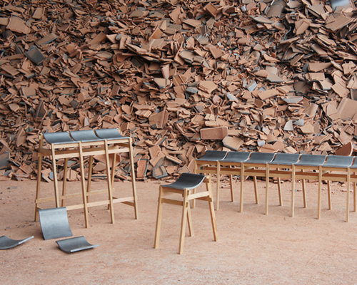 bar stools and benches by tsuyoshi hayashi are built with discarded roof tiles