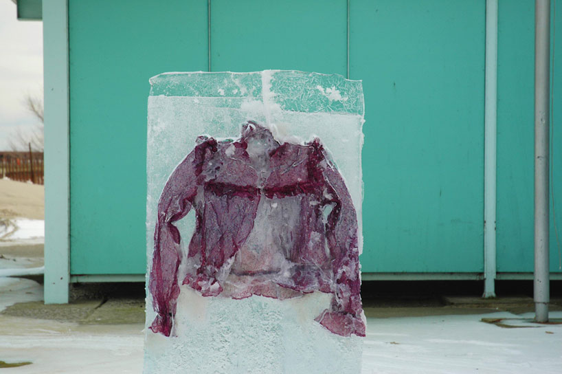 nicole dextras freezes garments in solid blocks of ice