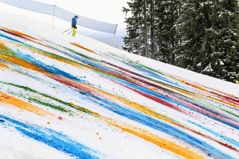 olaf breuning colorizes a mountainside for snow drawing