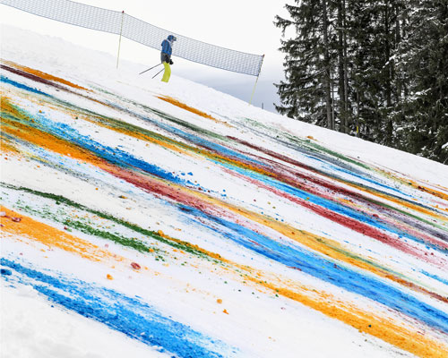 olaf breuning colorizes a mountainside for snow drawing
