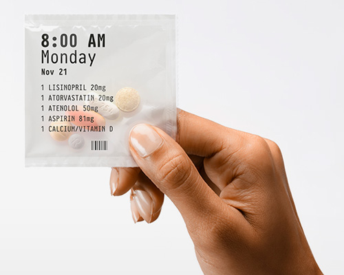 pillpack arrives to your door as a personalized, tear-off daily dose dispenser 