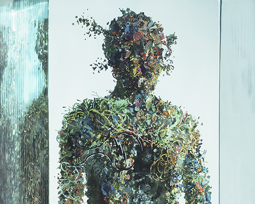 dustin yellin confines collaged figures in layers of glass