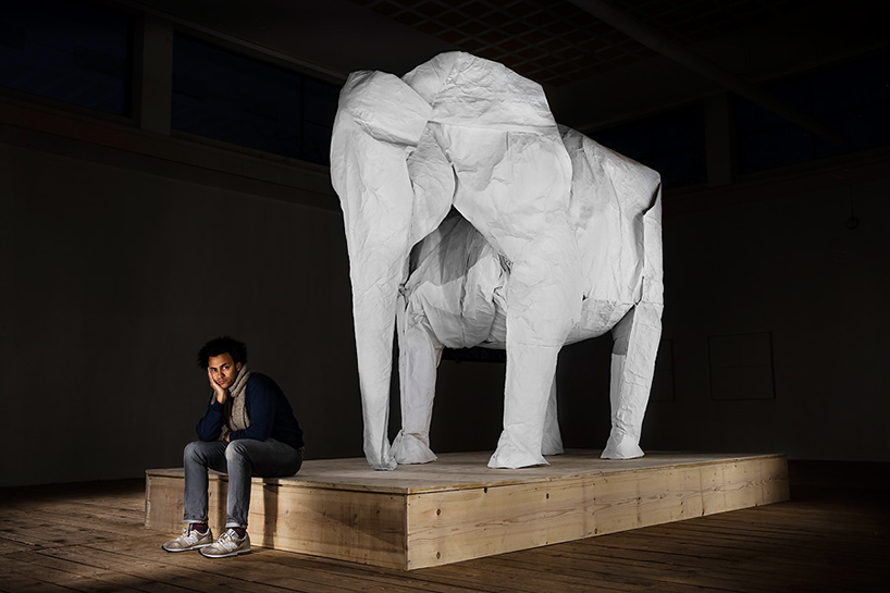 sipho mabona folds life-sized elephant from single paper sheet