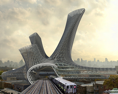 AMLGM envisions urban alloy tower over transportation hub in new york