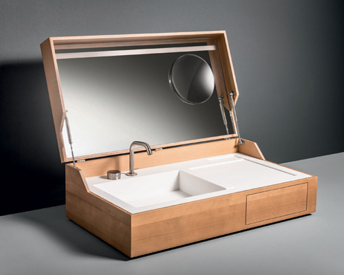 giulio gianturco conceals hidden washbasin within wooden box for makro