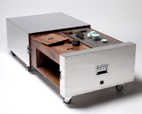 naihan li conceals furniture functions in metal crates
