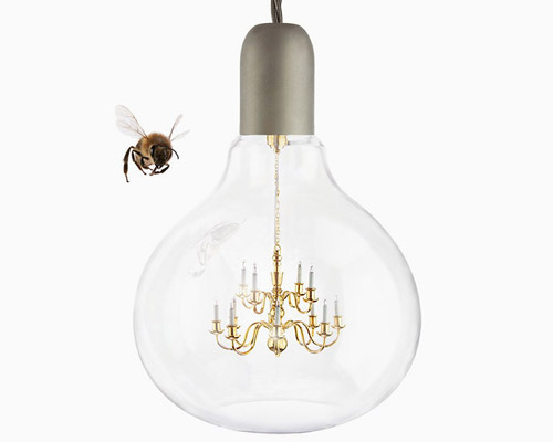 young & battaglia suspends a chandelier inside a lightbulb for mineheart