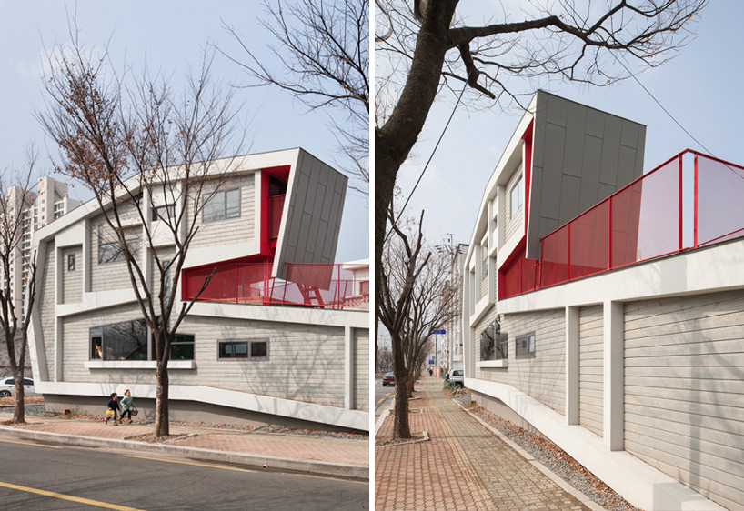 moon hoon exaggerates roll house on slender site in south korea