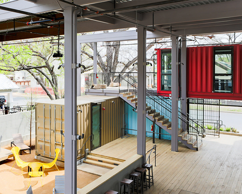 north arrow studio re-purposes shipping containers into stacked bar in texas