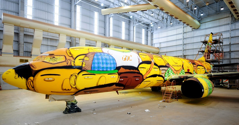 OSGEMEOS graffiti boeing 737 for team brazil's FIFA world cup travel