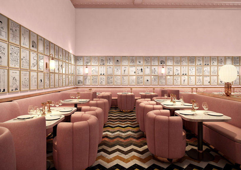 david shrigley lines sketch restaurant's pink walls with 239 original drawings