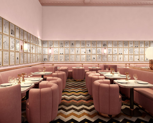 david shrigley lines sketch restaurant's pink walls with 239 original drawings