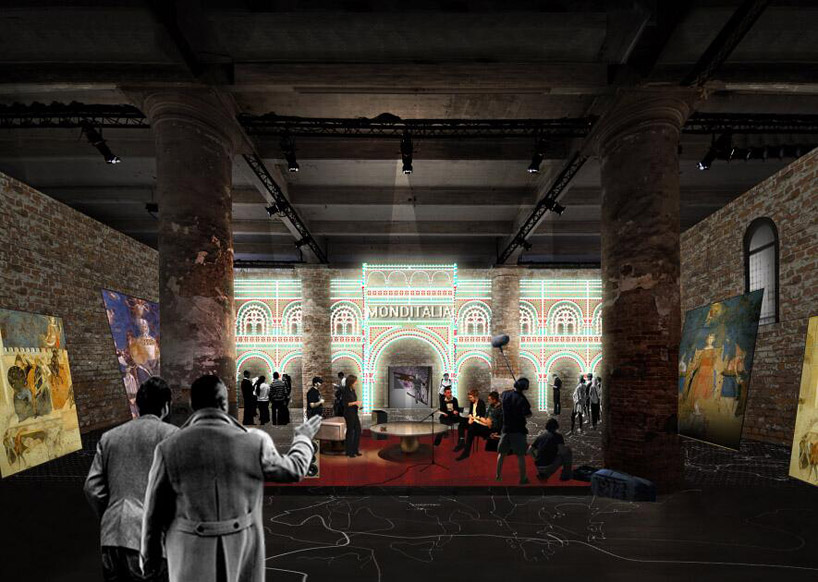 rem koolhaas frames monditalia entrance with swarovski-encrusted luminaire