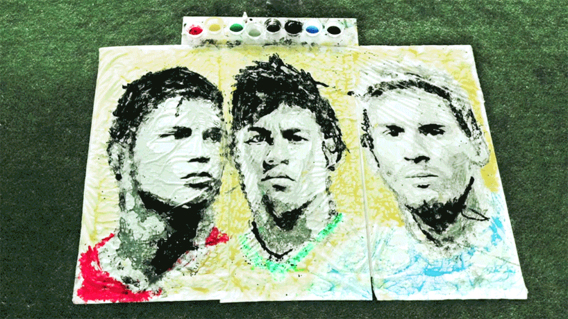 red hong yi paints ronaldo, neymar + messi using a football