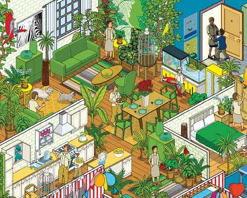 rod hunt illustrates 10 ikea families + their homes for russian campaign